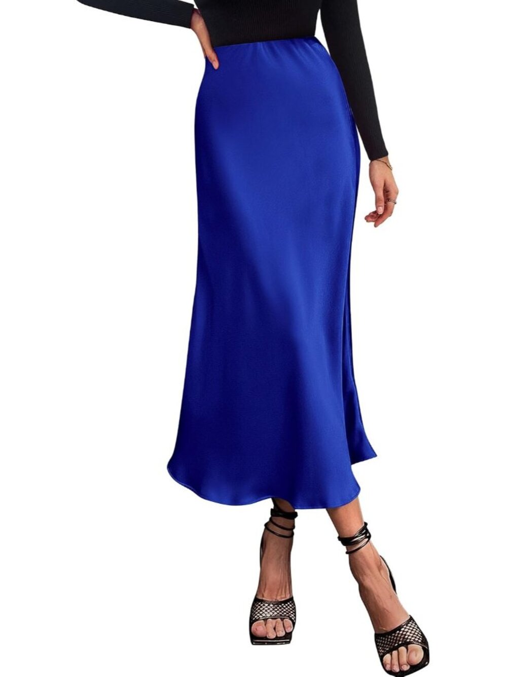 Women's Royal Blue High Waist Satin Elegant Slip Bias Cut Flowy Long Midi Skirt